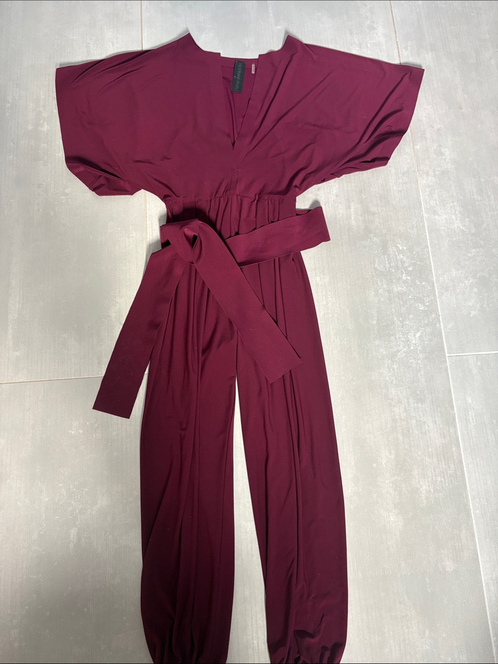 Norma Kamali Burgundy Wide-Sleeve Jumpsuit with Self Tie